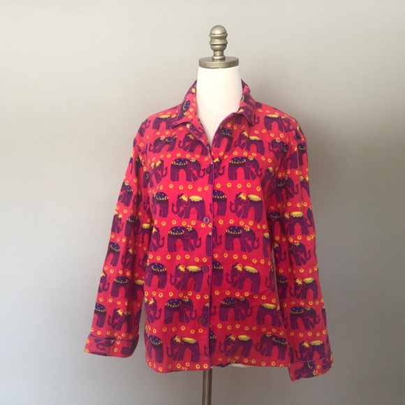 Sleep Shirt Medium Elephants Pink Purple Flannel Button Front - Picture 3 of 9
